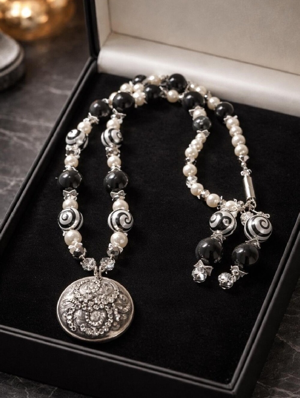 Elegant Black & Pearl Swirl Beaded Rhinestone Pendant Necklace Earrings